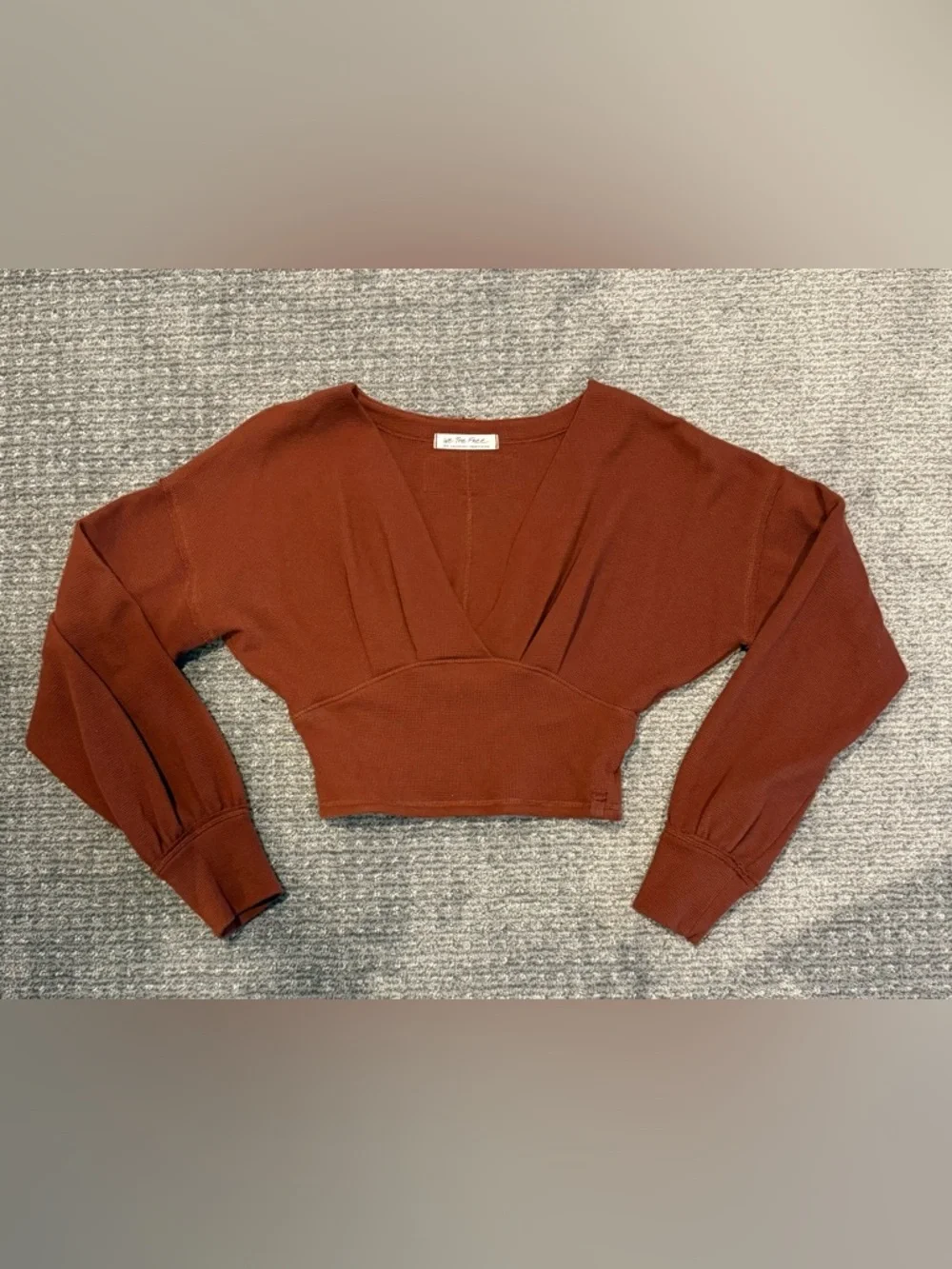 Free People V-Neck Cropped Sweater Top in Deep Burgundy - Picture 2 of 4